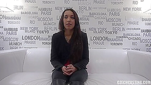 Bright brunette teen in stockings gets a big dick in mouth