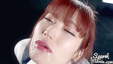 Asian slut sucks a big cock and gets her mouth filled with cum