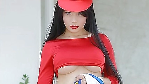 Sexy busty super-mario chick wearing sexy black dildo