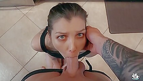 Brunette with big boobs gets spanked in the kitchen