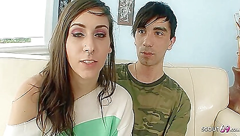 Skinny brunette teen is getting fucked by a big dude